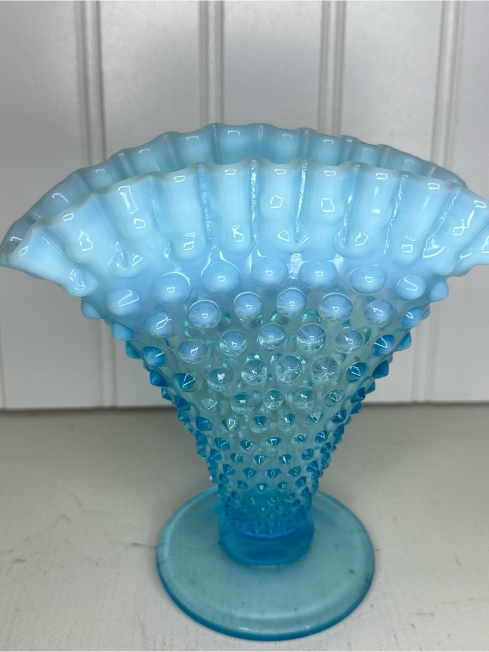 Vintage Fenton Blue Opalescent 6" Hobnail Fan Vase - Midcentury Art Glass